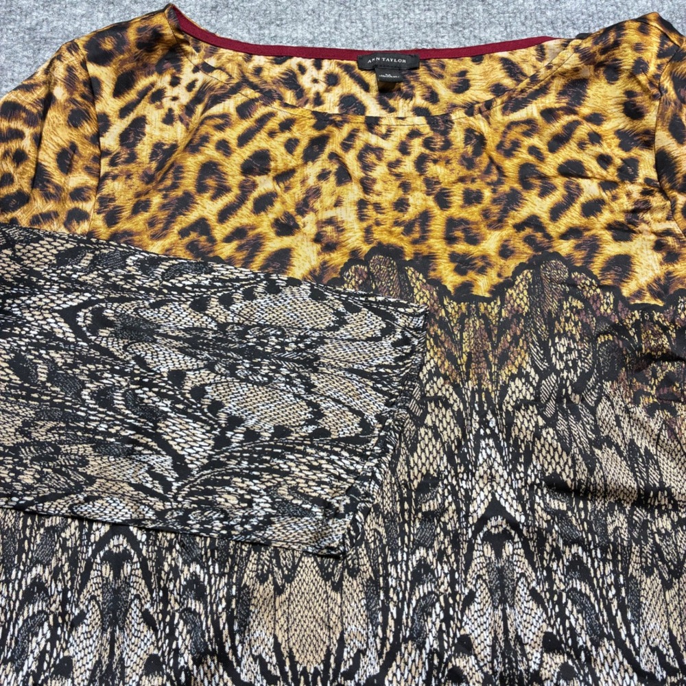 Ann Taylor Satin Blouse Animal Print 3/4 Sleeve Top Womens‎ Sz.Medium Brown